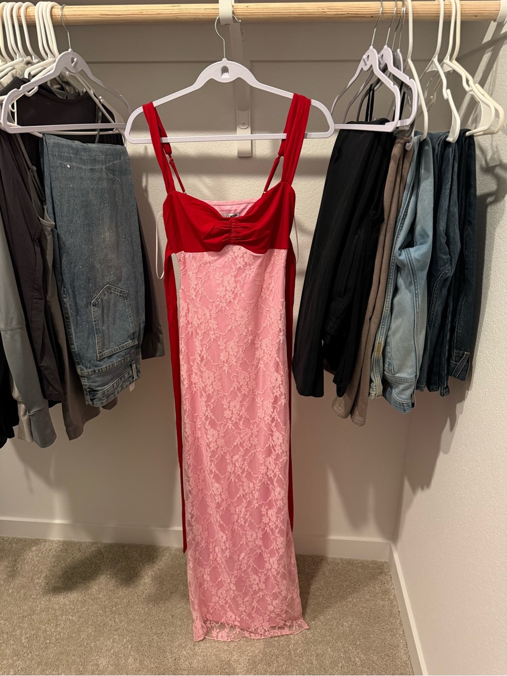 Fashion Nova Red and Pink Lace Maxi Dress